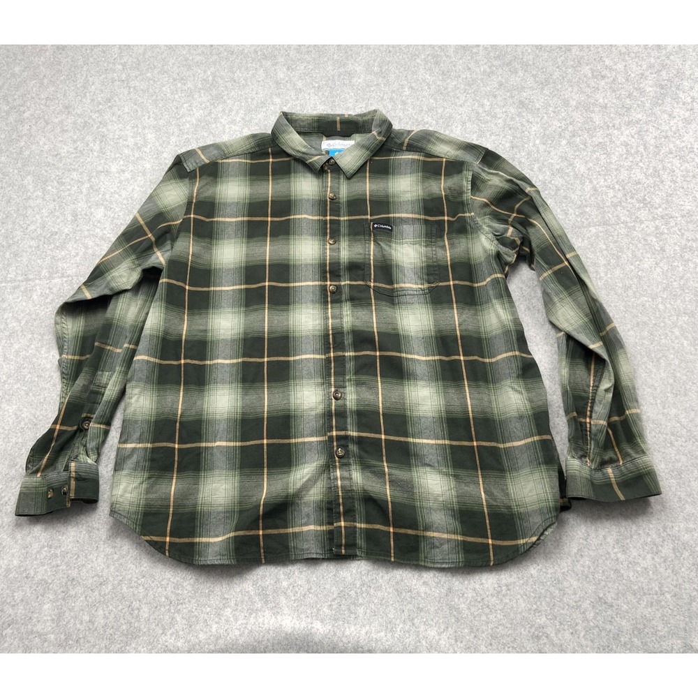 Columbia Shirt Mens 2XL Green Plaid Cotton Stretch Long Sleeve Button Up AM8053